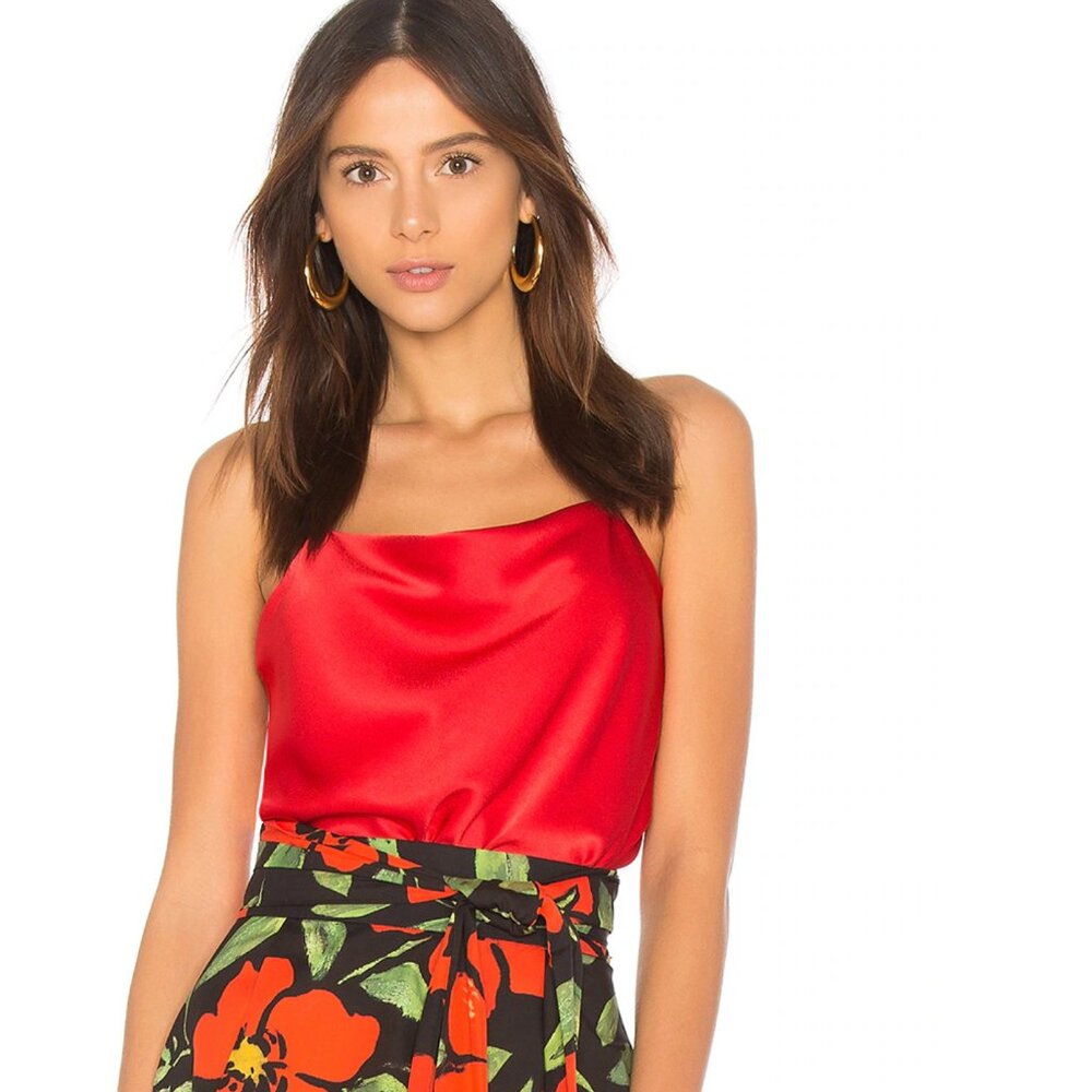 Alice + Olivia  Harmon Draped Satin Tank Top Bright Poppy